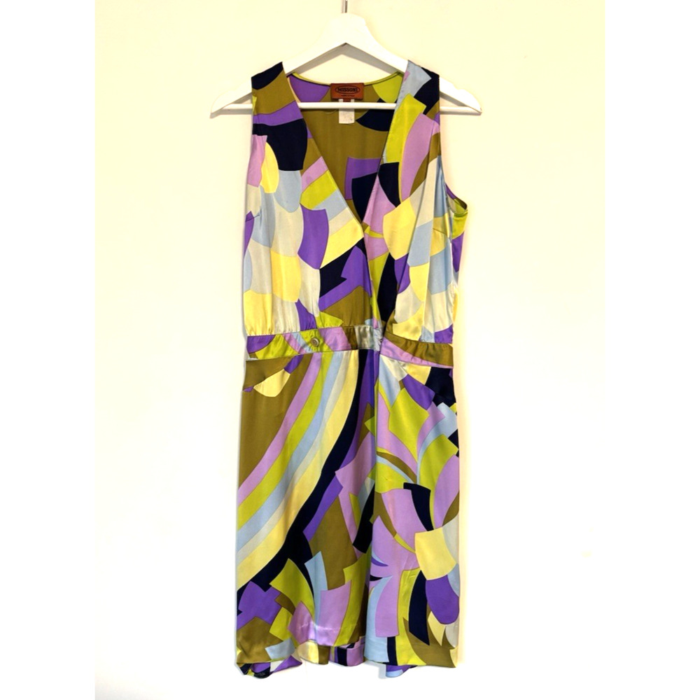Missoni Silk Dress 42 Wrap Knee Sleeveless Colorful Vneck Bold Cocktail Party